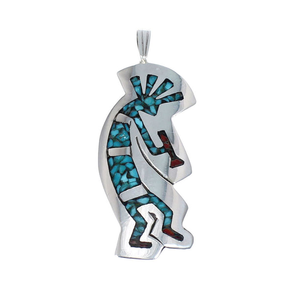 Turquoise And Coral Inlay Navajo Kokopelli Sterling Silver Pendant AX127412